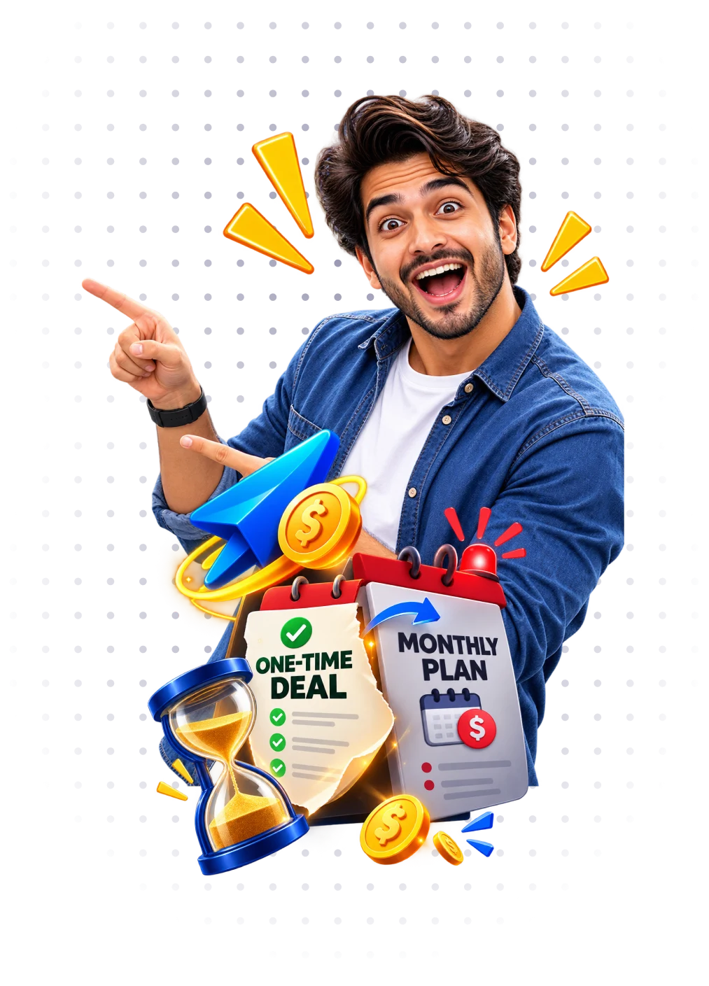 Man pointing at a one-time deal versus monthly plan