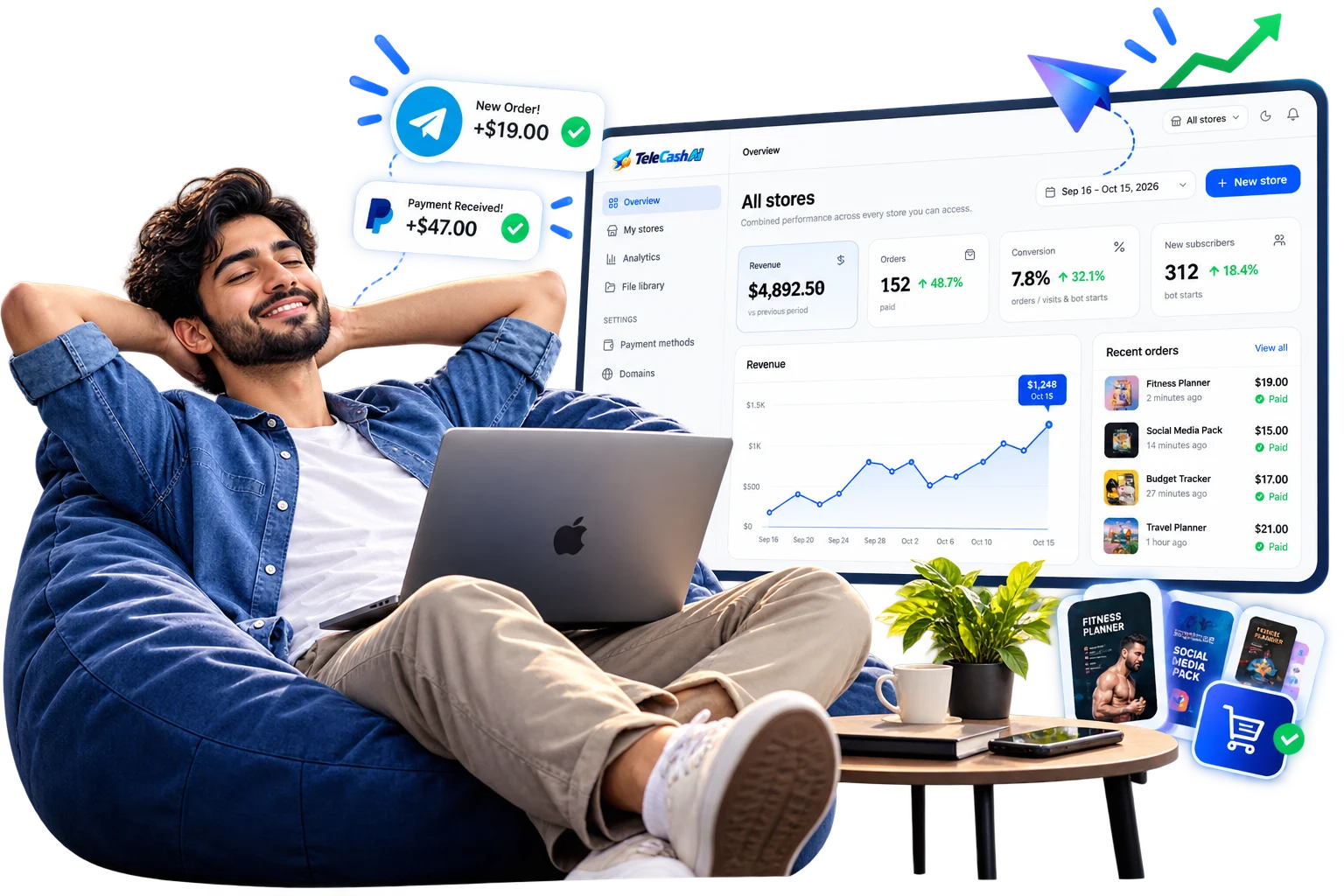 A relaxed man on a bean bag watching his Telegram store sales