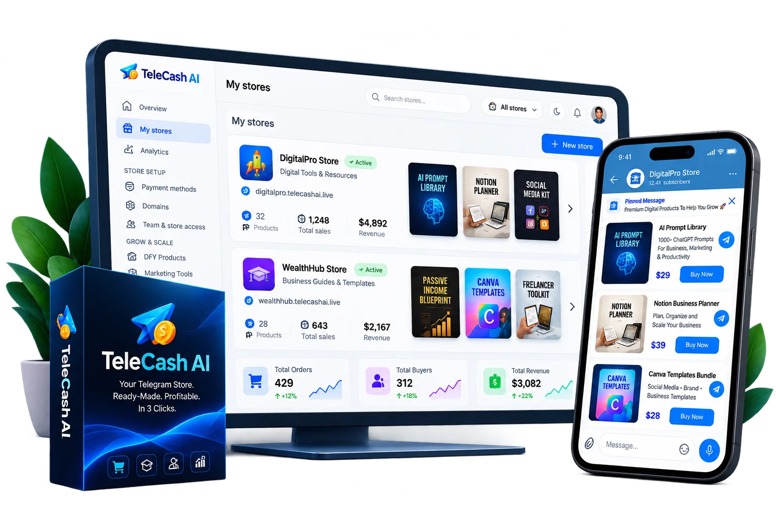 TeleCash AI dashboard, mobile store and software box