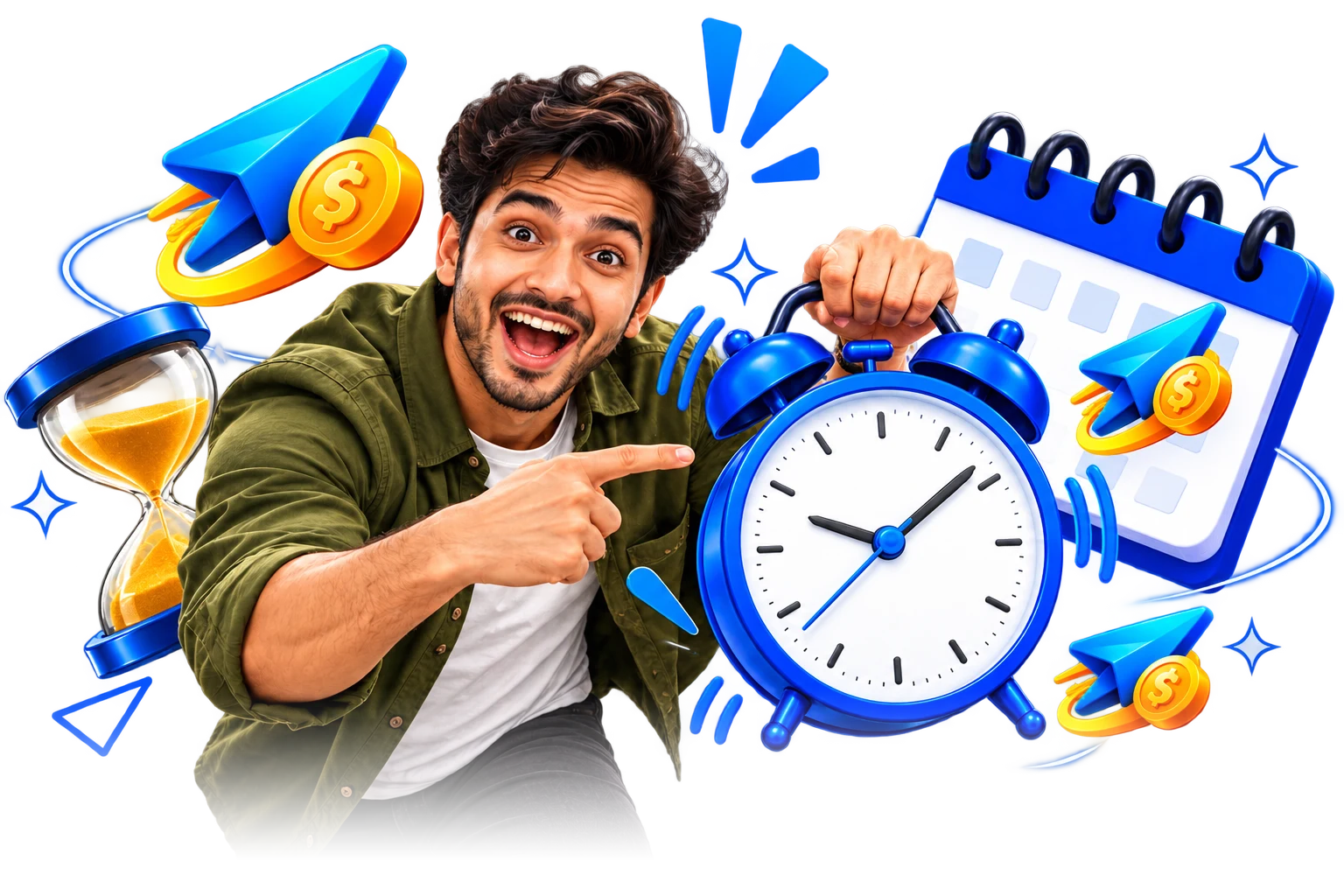 Excited man pointing at a clock and calendar