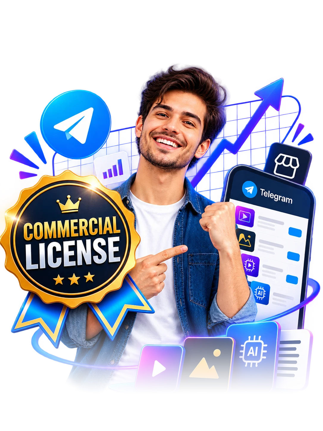 Smiling man pointing at a Commercial License badge
