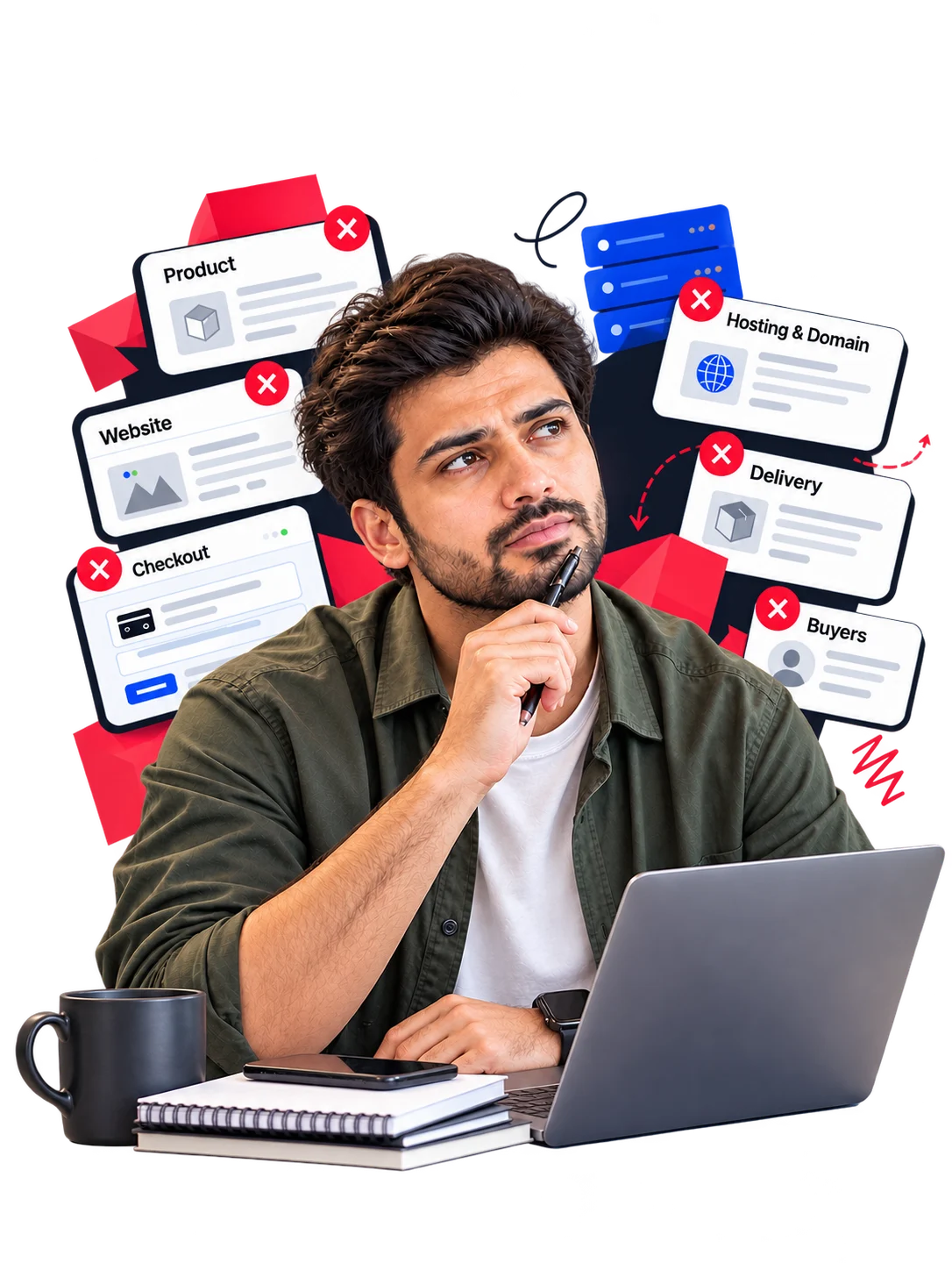 A frustrated man surrounded by the six things he needs before he can sell online