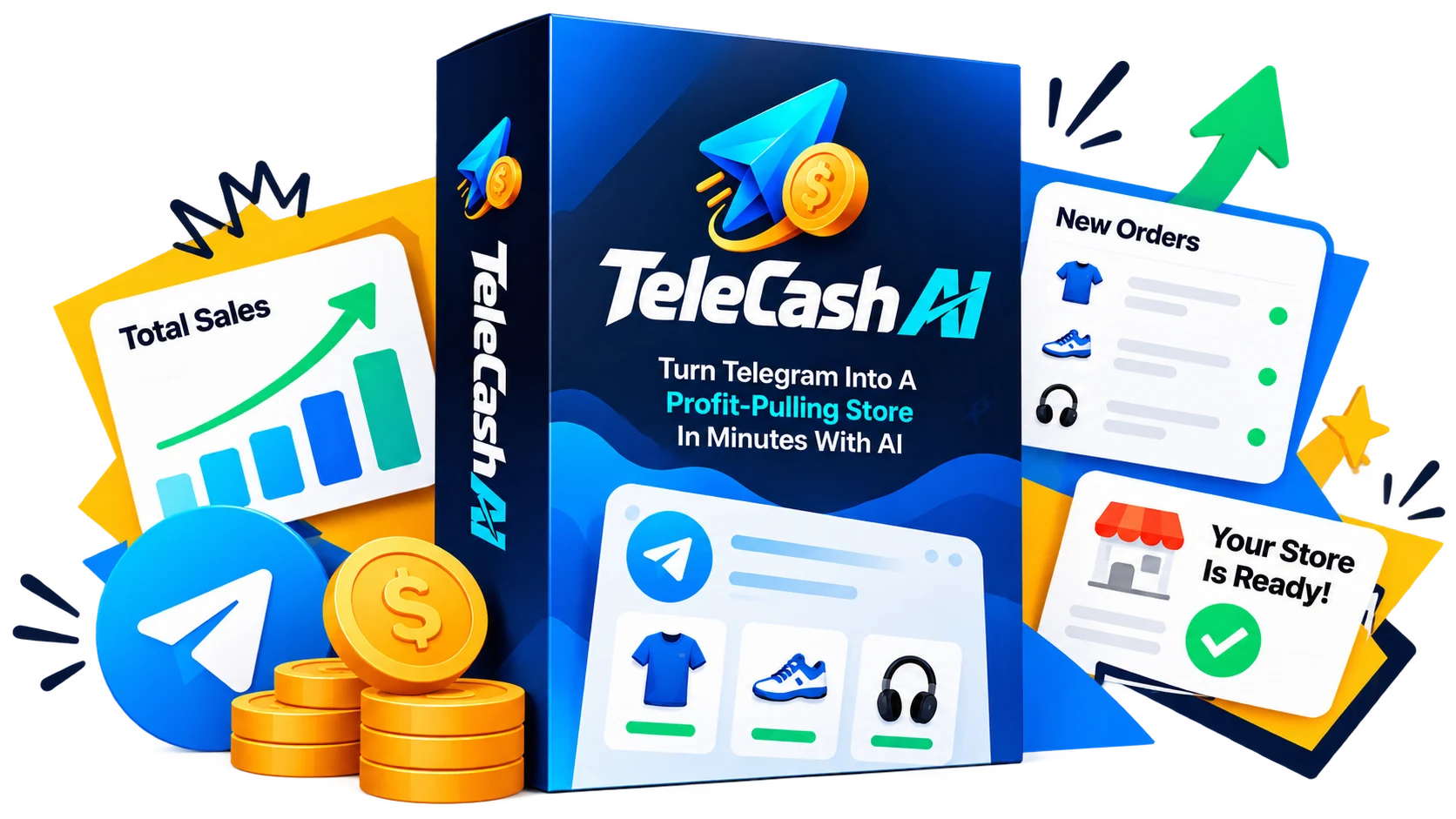 TeleCash AI software box with a Telegram store dashboard