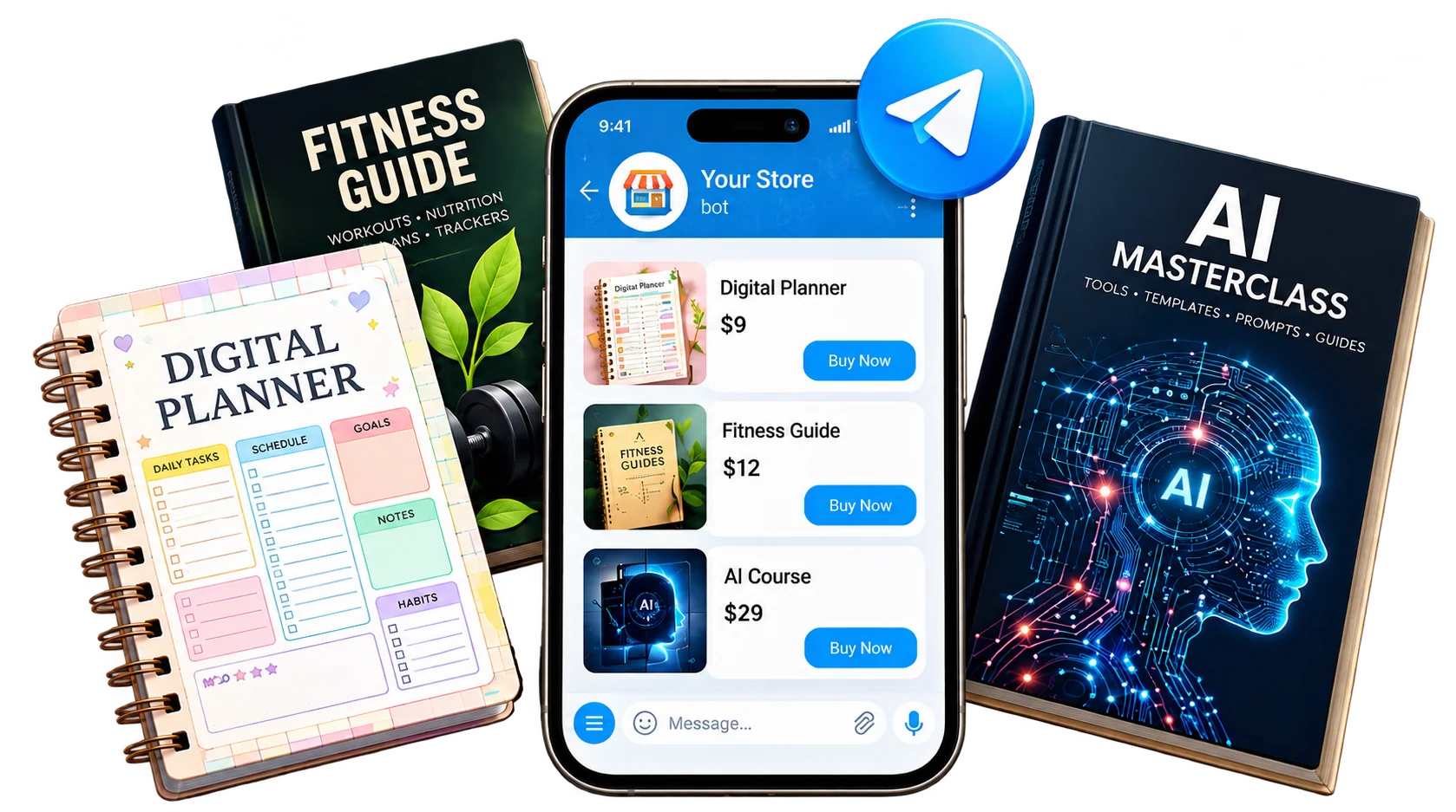 Digital planner, fitness guide and AI masterclass products in a Telegram store