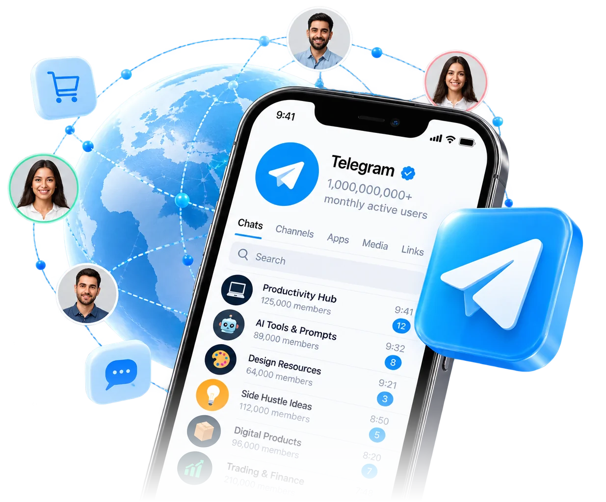 Telegram app with over 1 billion monthly active users, surrounded by a connected globe of buyers