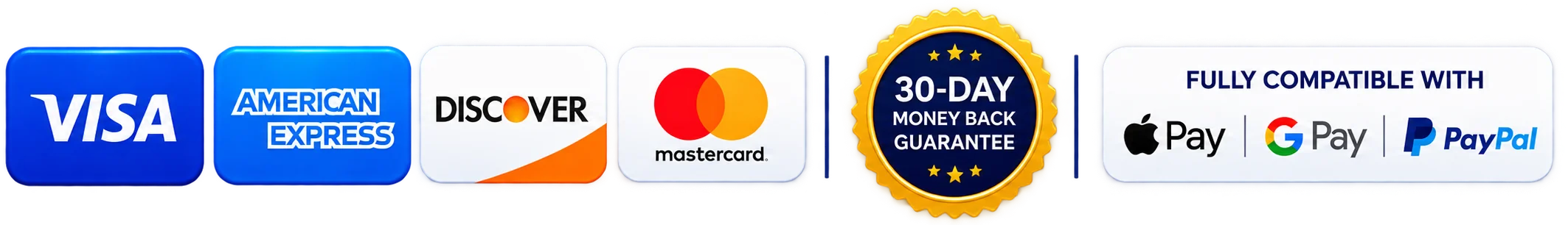 Secure payment options: Visa, Mastercard, Discover, American Express, 30-Day Guarantee, Apple Pay, Google Pay, PayPal